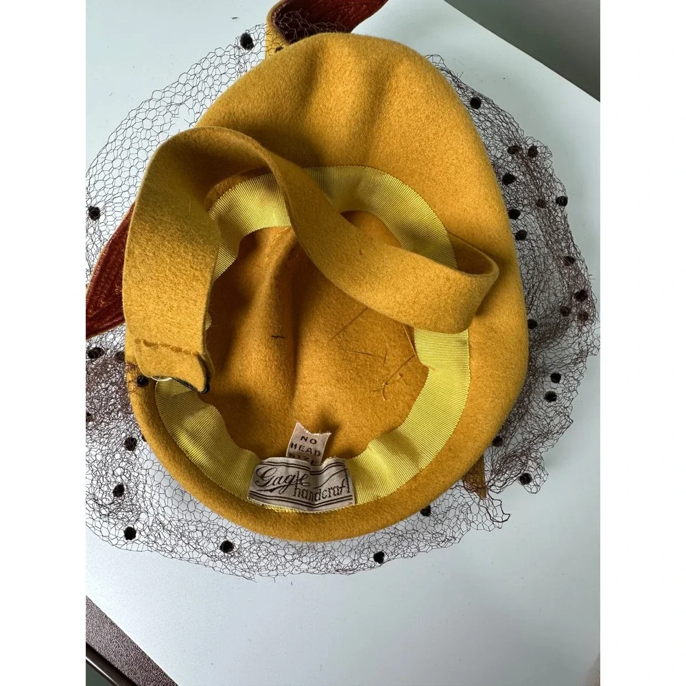 Vintage 1940s Tilt Hat Mustard Yellow Felt Brown Velvet Leaves Eagle Handcraft
